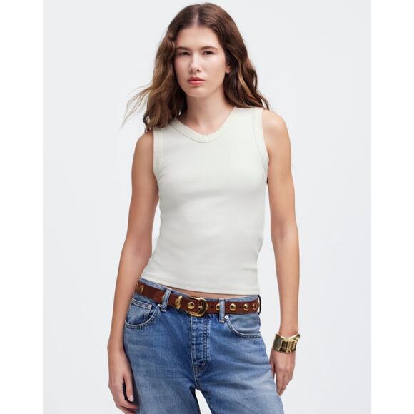 Madewell (Re)generative Cotton Ribbed High V-Neck Tank WMNS S White Stretch Soft - Picture 1 of 8